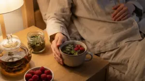 Persona a letto con una tisana alle erbe e lamponi su un comodino