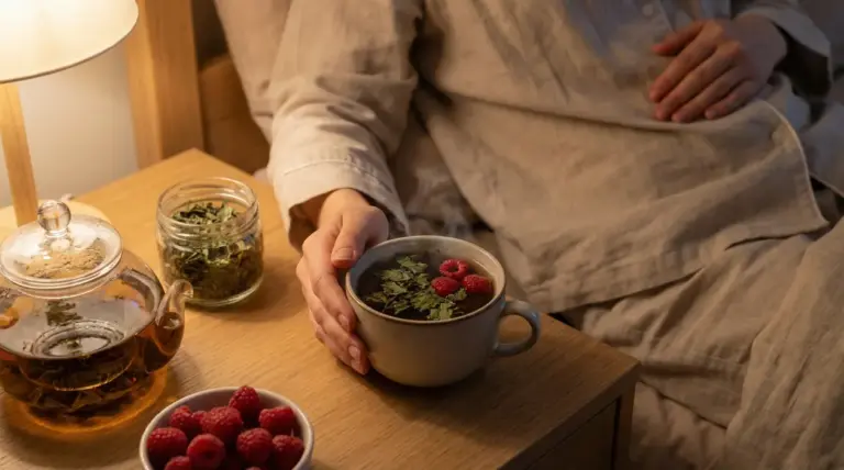 Persona a letto con una tisana alle erbe e lamponi su un comodino
