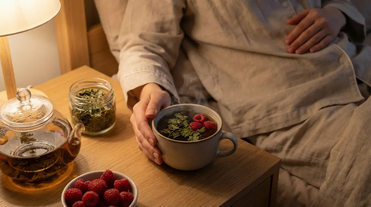 Persona a letto con una tisana alle erbe e lamponi su un comodino