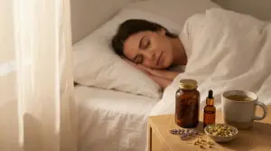 Persona che dorme serenamente accanto a rimedi naturali sul comodino