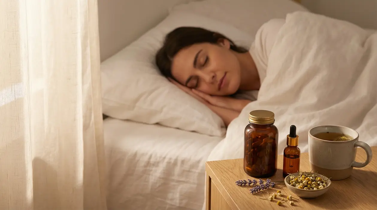 Persona che dorme serenamente accanto a rimedi naturali sul comodino