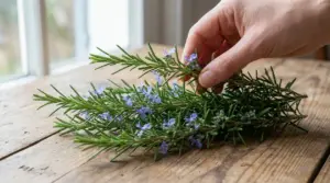 Mano che raccoglie rametti di rosmarino fresco con fiori viola su un tavolo di legno