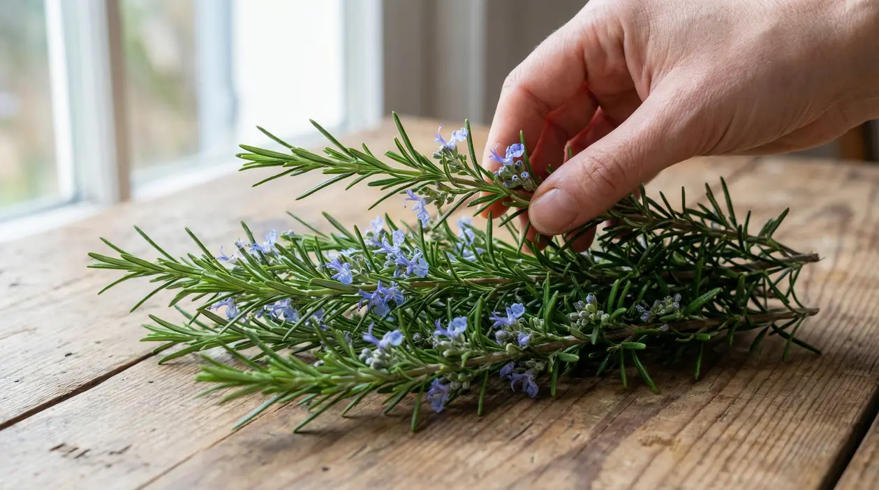 Mano che raccoglie rametti di rosmarino fresco con fiori viola su un tavolo di legno