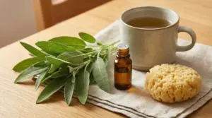 Foglie di salvia fresca con olio essenziale, spugna e tazza di infuso su un panno chiaro