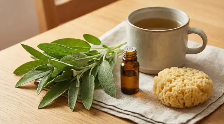 Foglie di salvia fresca con olio essenziale, spugna e tazza di infuso su un panno chiaro