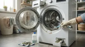 Persona che pulisce una lavatrice sporca con uno spazzolino e guanti in gomma