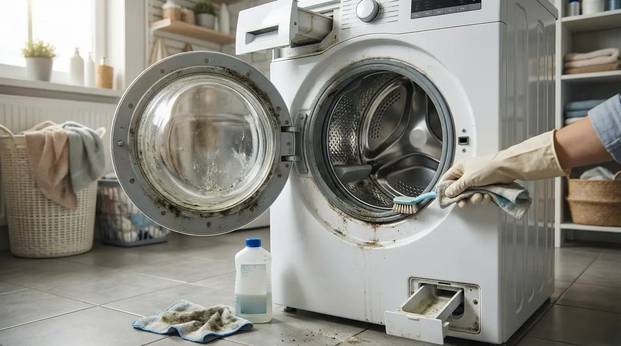 Persona che pulisce una lavatrice sporca con uno spazzolino e guanti in gomma