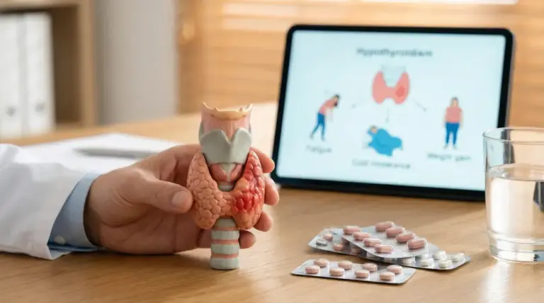 Mano che tiene un modello della tiroide accanto a un tablet con immagini informative