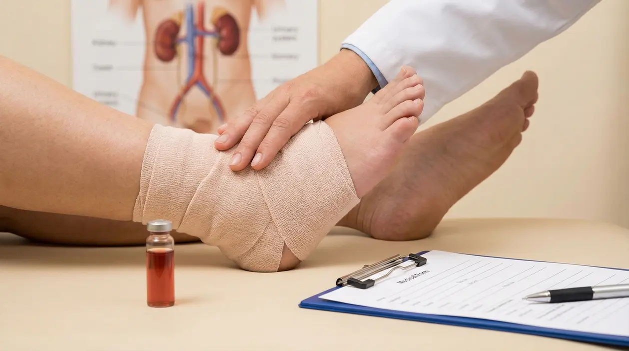 Un medico esamina la gamba gonfia di un paziente con benda elastica, vicino a una provetta e una cartella clinica.