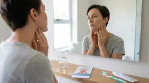 Persona che si osserva allo specchio e si tocca il collo per controllare eventuali sintomi alla gola