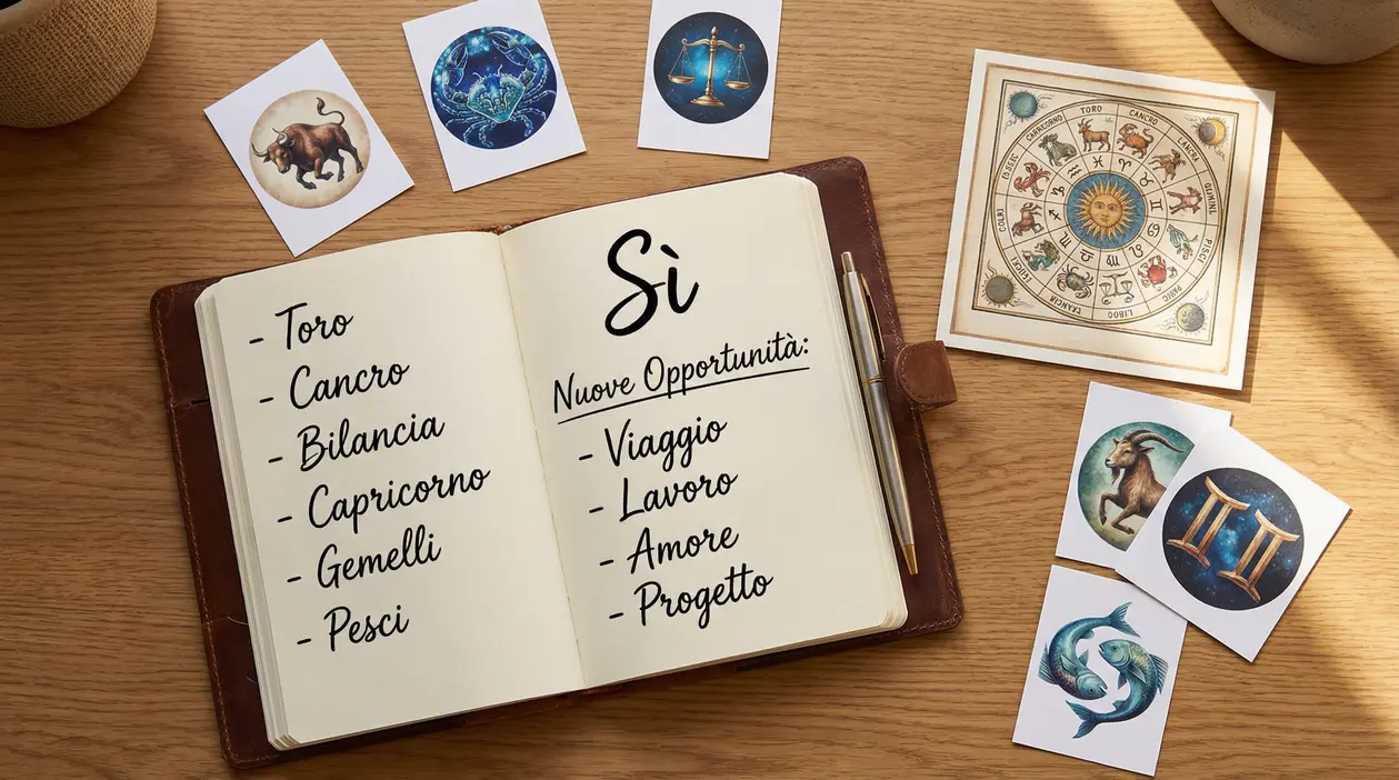 Un quaderno aperto con nomi di segni zodiacali e opportunità scritte a mano, circondato da simboli astrologici
