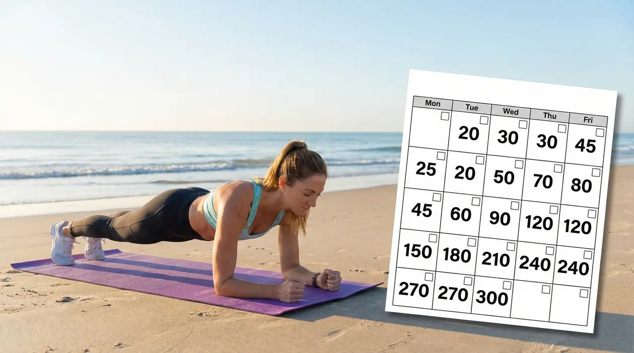 Persona che esegue il plank sulla spiaggia accanto a un calendario di allenamento di 28 giorni.