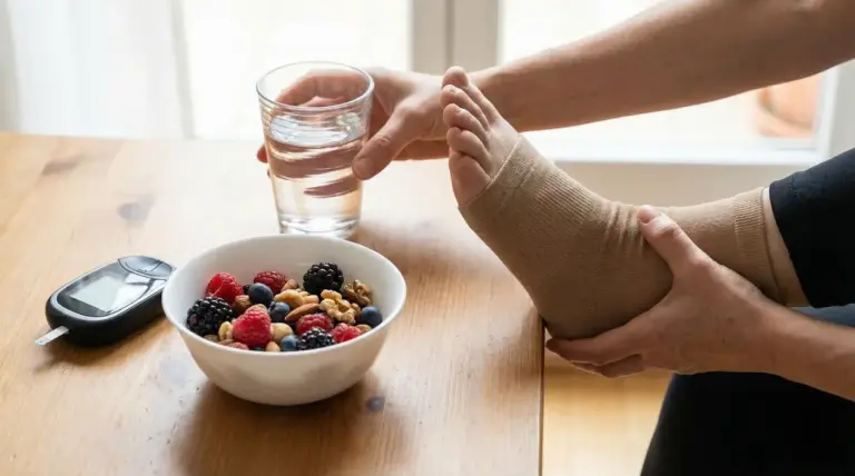 Persona con calza elastica al piede, accanto a glucometro, frutta secca e bicchiere d'acqua