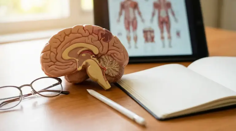 Modello anatomico di cervello su una scrivania con tablet, occhiali e taccuino
