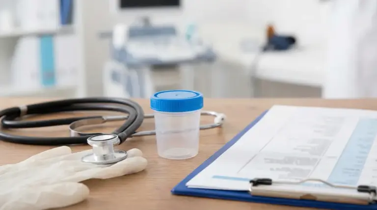 Contenitore per analisi delle urine, stetoscopio e cartella clinica su un tavolo medico