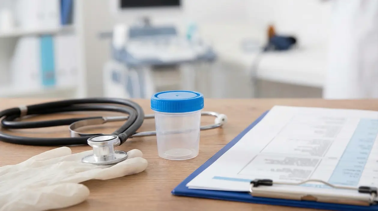 Contenitore per analisi delle urine, stetoscopio e cartella clinica su un tavolo medico