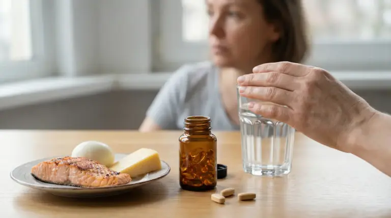 Persona seduta al tavolo con integratori, bicchiere d'acqua e cibi ricchi di vitamina B12