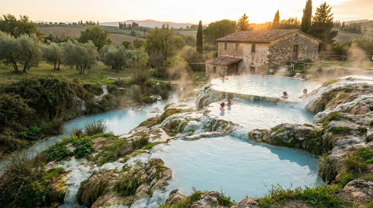 Vasche naturali termali con acqua azzurra e paesaggio collinare al tramonto
