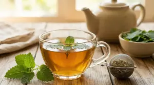 Tisana alla melissa in una tazza di vetro su un tavolo di legno