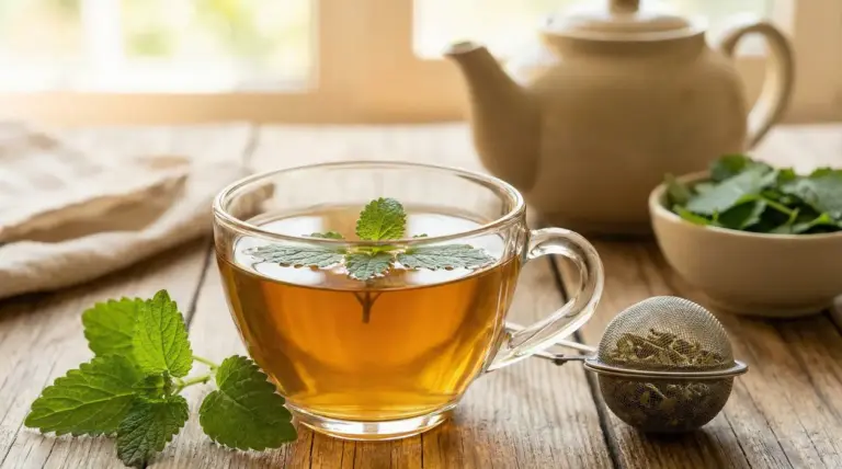 Tisana alla melissa in una tazza di vetro su un tavolo di legno