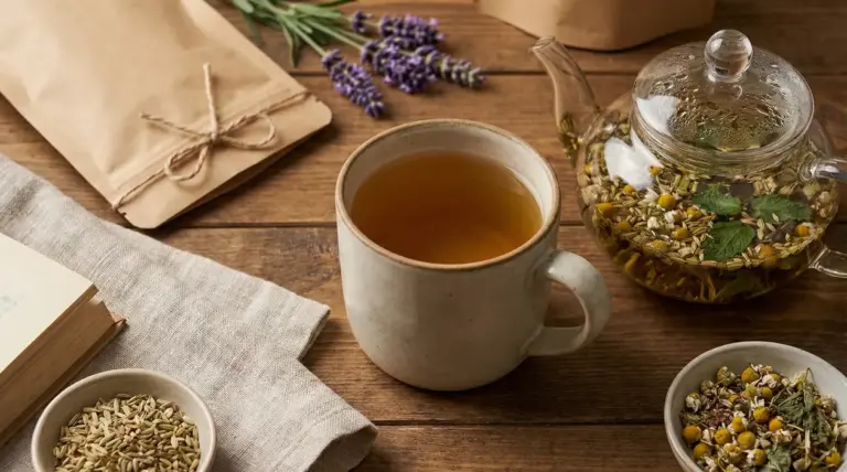 Tisana alle erbe in tazza di ceramica accanto a teiera e ingredienti naturali su tavolo in legno