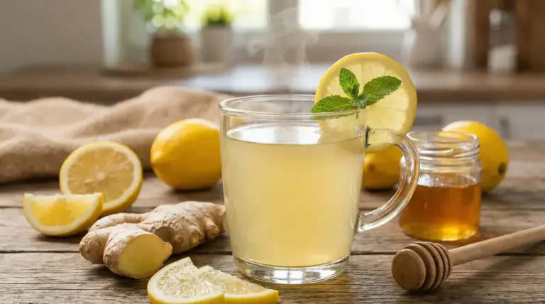 Tisana calda con limone fresco, zenzero e miele su un tavolo rustico
