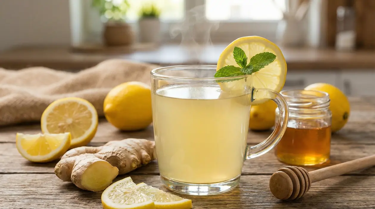 Tisana calda con limone fresco, zenzero e miele su un tavolo rustico