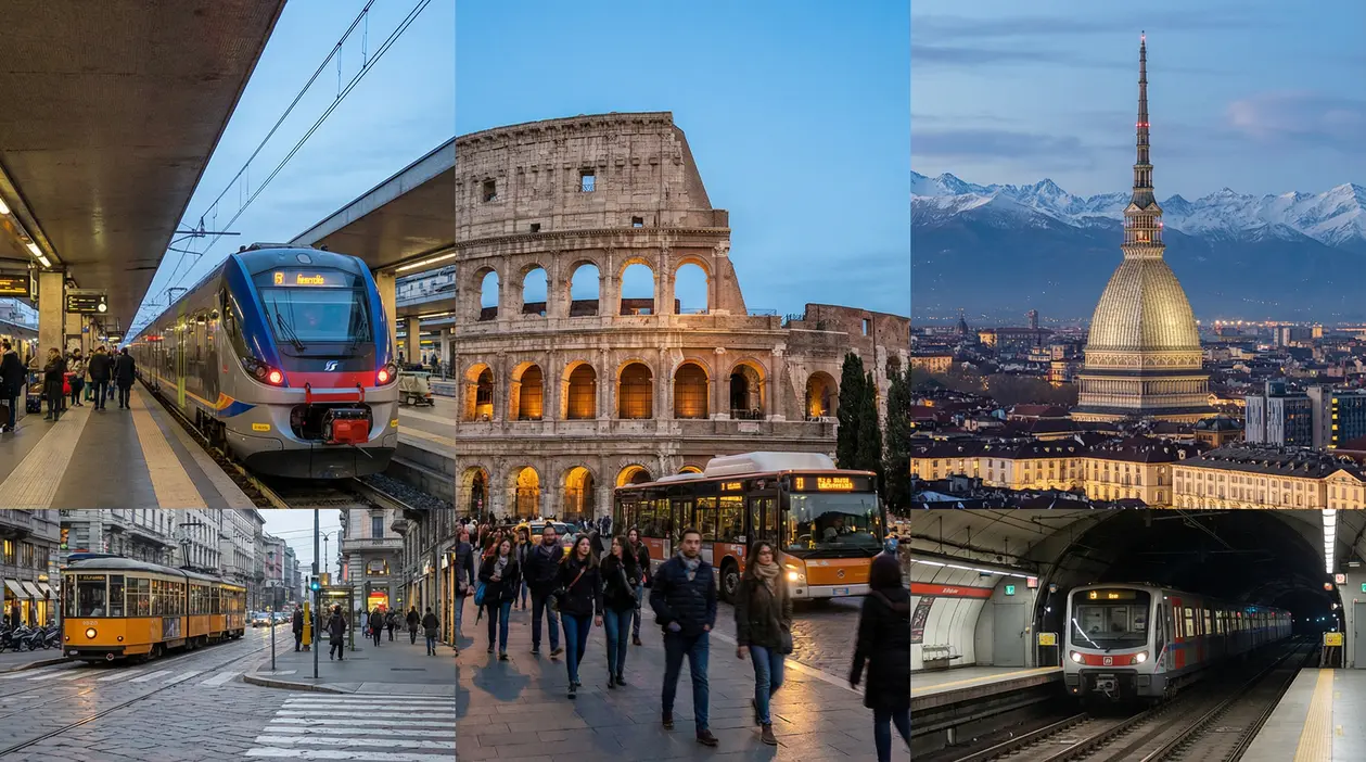 Persone e mezzi pubblici a Roma, Torino e Milano in diverse situazioni urbane