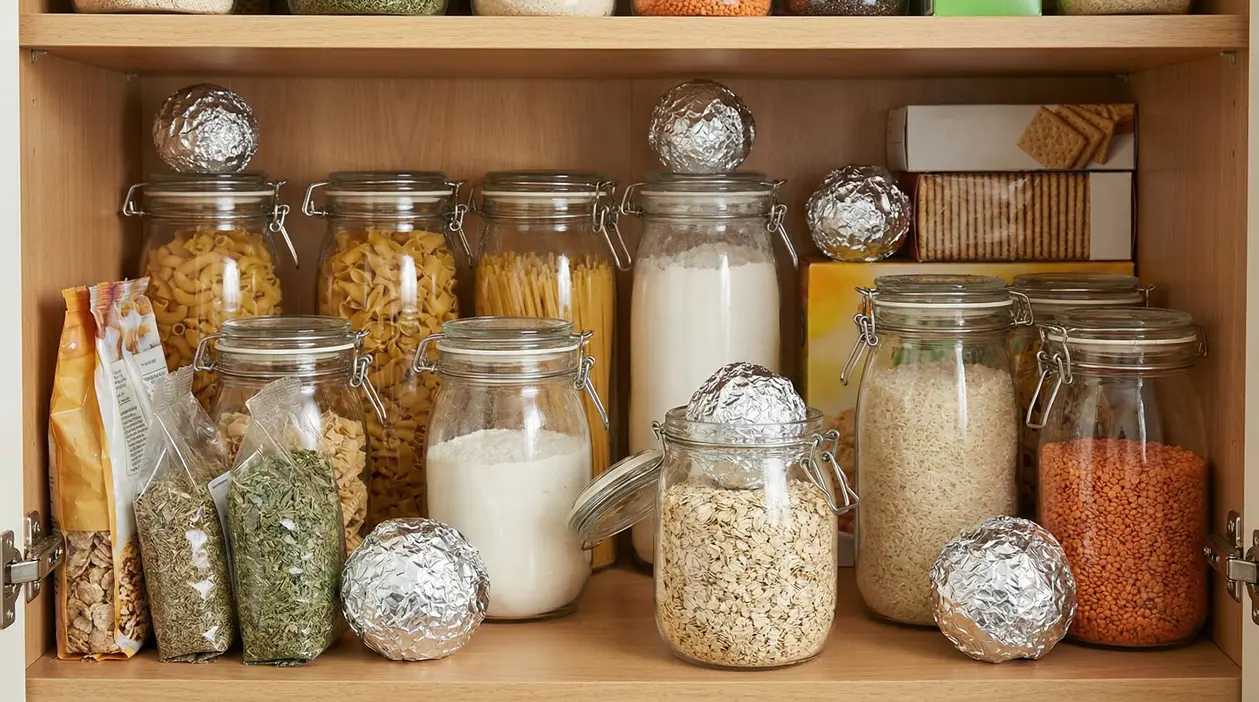 Barattoli di vetro con alimenti secchi in una dispensa, con palline di carta stagnola