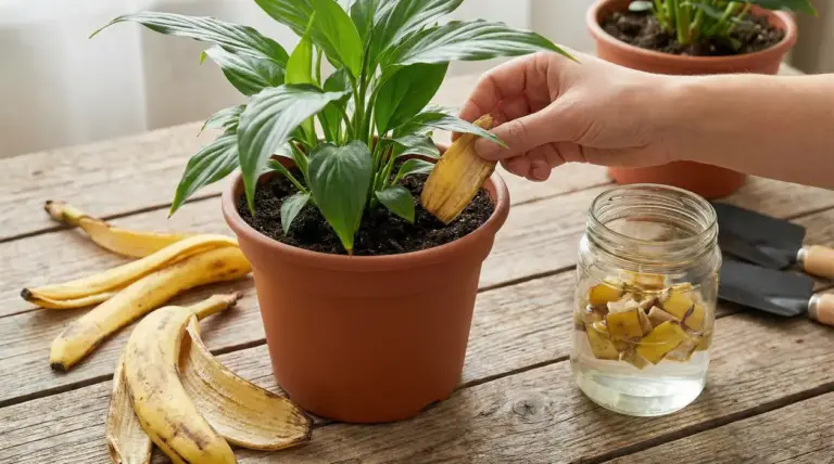 Una mano inserisce una buccia di banana nel terriccio di una pianta in vaso