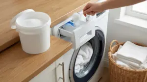 Una persona versa polvere bianca nello scomparto di una lavatrice accesa