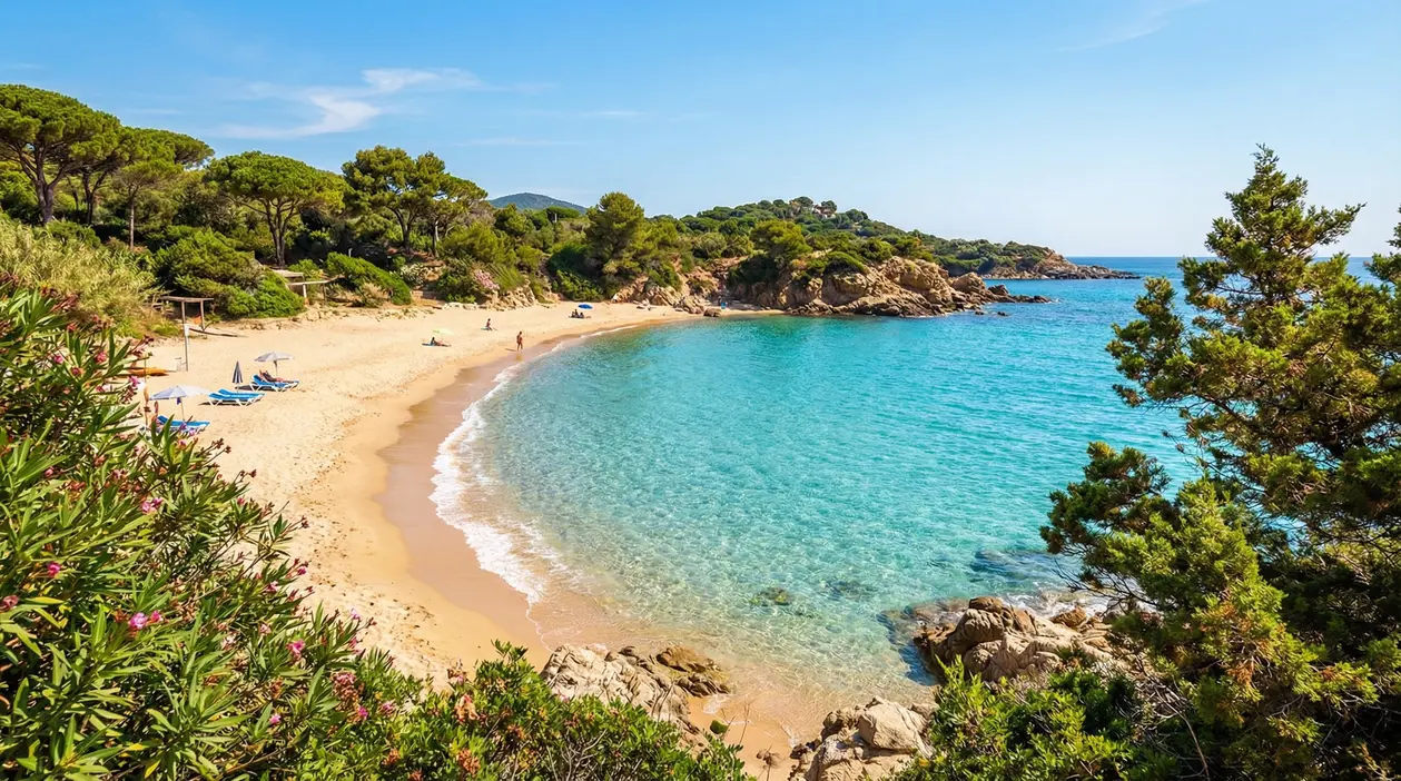 Spiaggia tranquilla con mare cristallino e vegetazione mediterranea a giugno