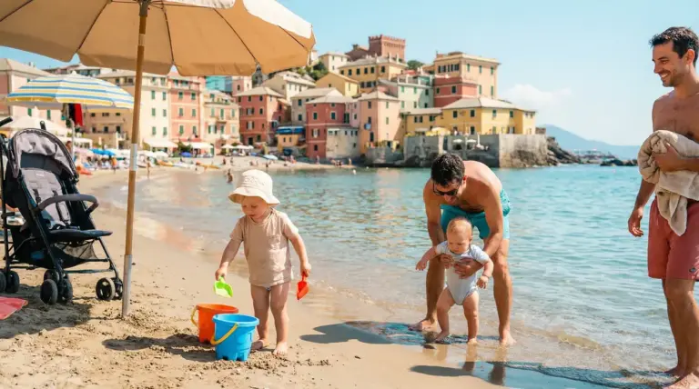 Famiglia con bambini piccoli che gioca sulla spiaggia vicino al mare