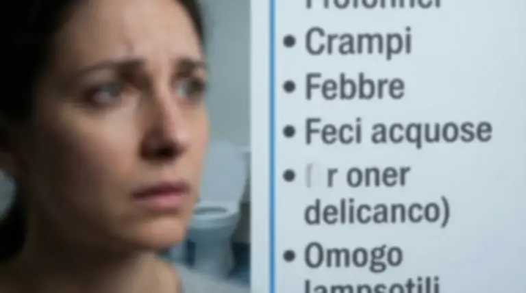 Donna con vista offuscata davanti a un elenco di sintomi su uno sfondo medico