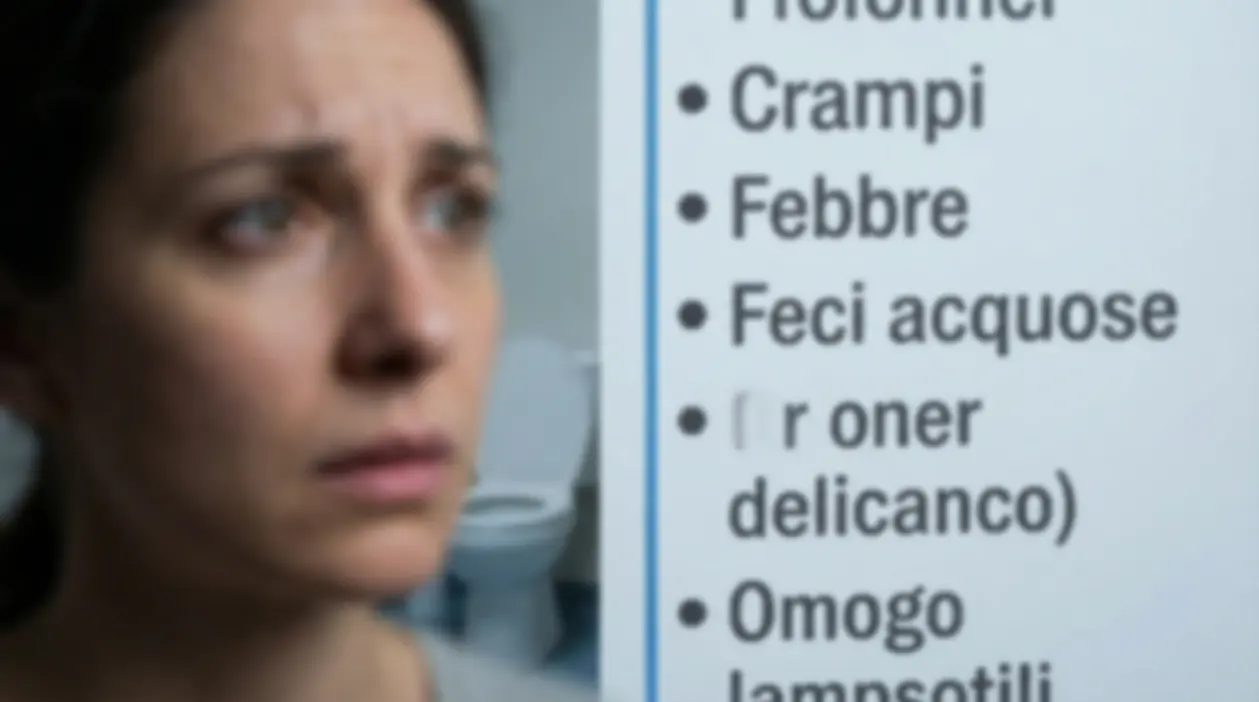 Donna con vista offuscata davanti a un elenco di sintomi su uno sfondo medico