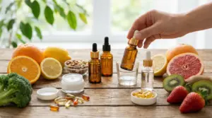 Frutta fresca, integratori, creme e flaconi con pipetta su un tavolo in legno