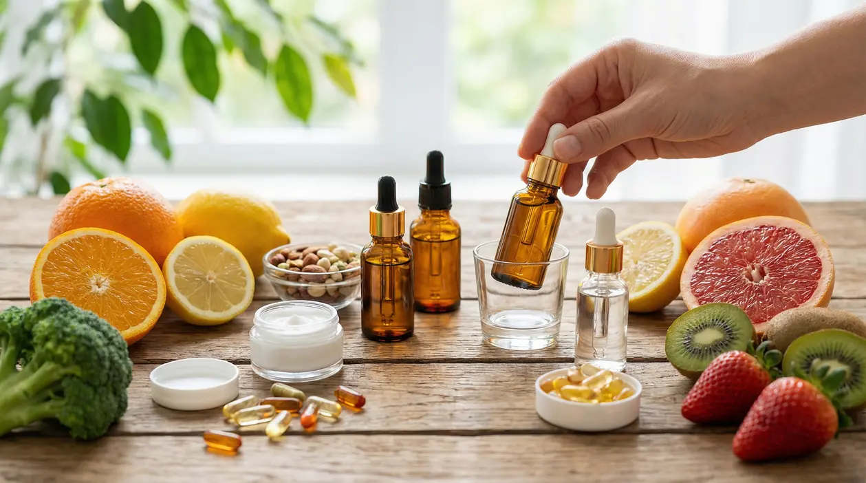 Frutta fresca, integratori, creme e flaconi con pipetta su un tavolo in legno