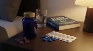 Integratori e pillole su un comodino accanto a un bicchiere d'acqua e un libro sul sonno