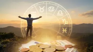 Persona di fronte a simboli zodiacali con soldi in primo piano al tramonto